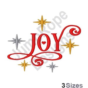 May include: A red embroidered word "JOY" with a heart in the letter "O" and decorative swirls. The design is surrounded by gold and silver starbursts. The text "3 Sizes" is at the bottom.