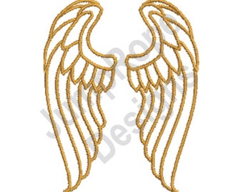 May include: A pair of golden angel wings with a simple, elegant design. The wings are outlined in a single line and have a slightly curved shape.