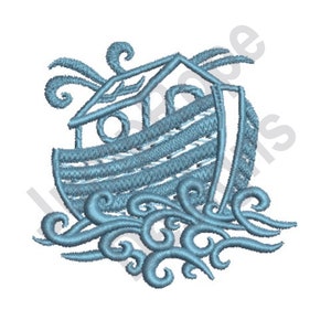 May include: A blue embroidered design of a boat with a rounded roof and a single window, sailing on wavy water.