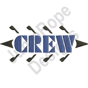Peut inclure: Broderie de conception bleue et noire du mot "CREW" avec des flèches de chaque côté. Le mot est dans une police de caractères audacieuse et en blocs.