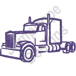 Puede incluir: Un dibujo de línea púrpura de un camión de plataforma con una cabina y un remolque. El camión tiene una parrilla grande y un solo eje delantero. El remolque tiene dos ejes.