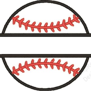 Puede incluir: Un diseño de béisbol con contorno negro y costuras rojas. El diseño está dividido en dos mitades con una línea negra horizontal que separa la parte superior e inferior. El texto "2 Sizes" es visible en la esquina inferior derecha.