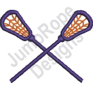 May include: Two purple lacrosse sticks with orange nets are crossed over each other.