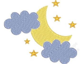 May include: An embroidered design featuring a yellow crescent moon, blue clouds, and golden stars on a white background. The design is likely for a baby or nursery theme.