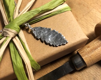 Rowan leaf  - hammered, recycled, silver pendant