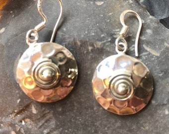 Beautiful, handmade in India, silver, hammered earring.