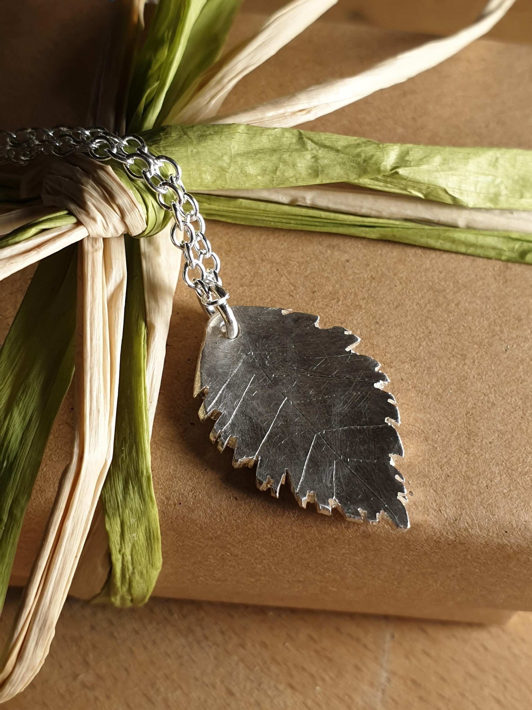 Birch leaf  - hammered, recycled, silver pendant
