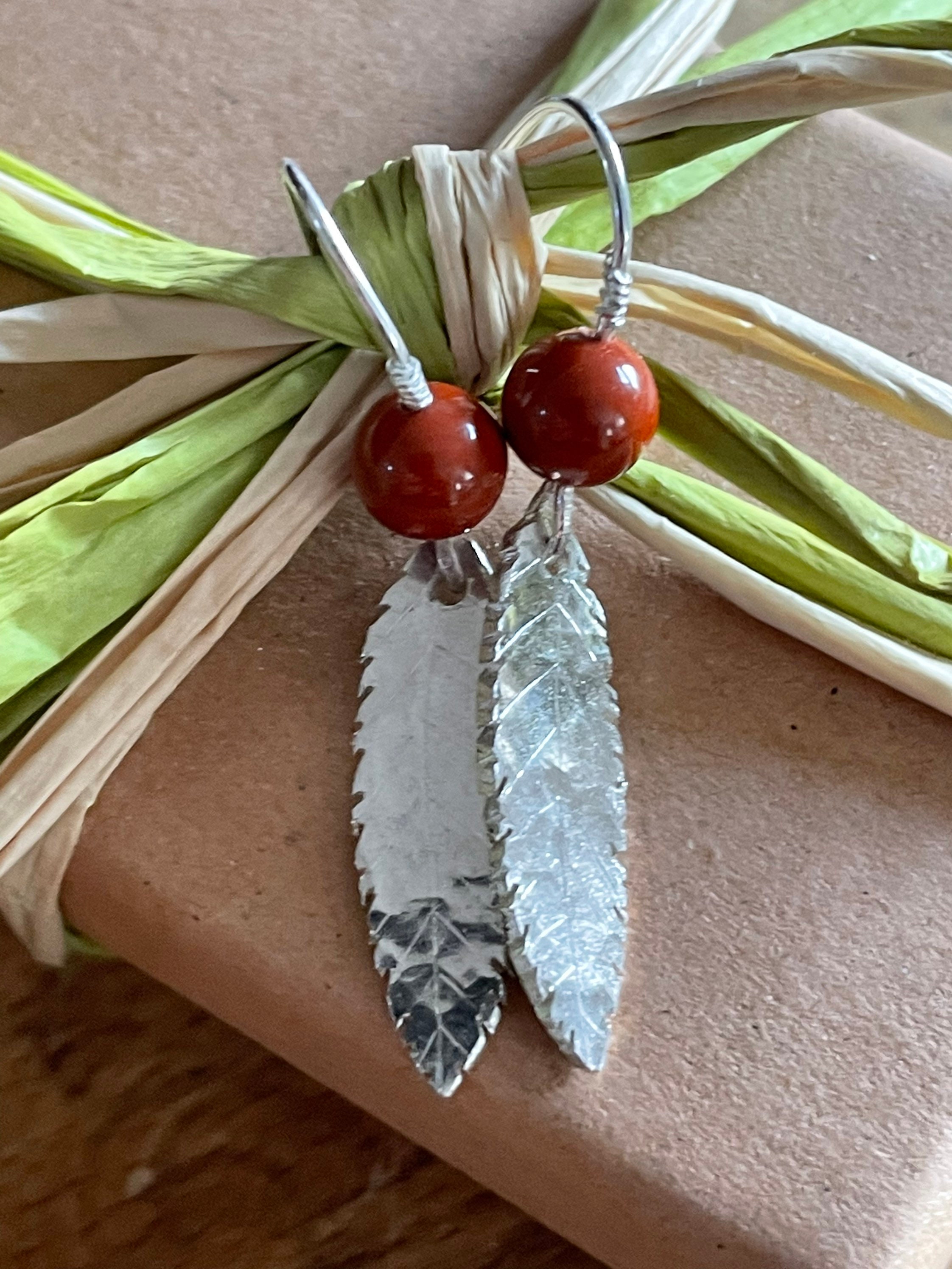 Rowan leaf  - hammered, recycled, silver earrings with red jasper berries