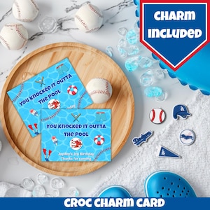 Croc Charm Birthday Favor – You Knocked It Outta the Pool – Baseball Pool Party – Charm Card Included – Blue Summer Theme – Dodgers Charm