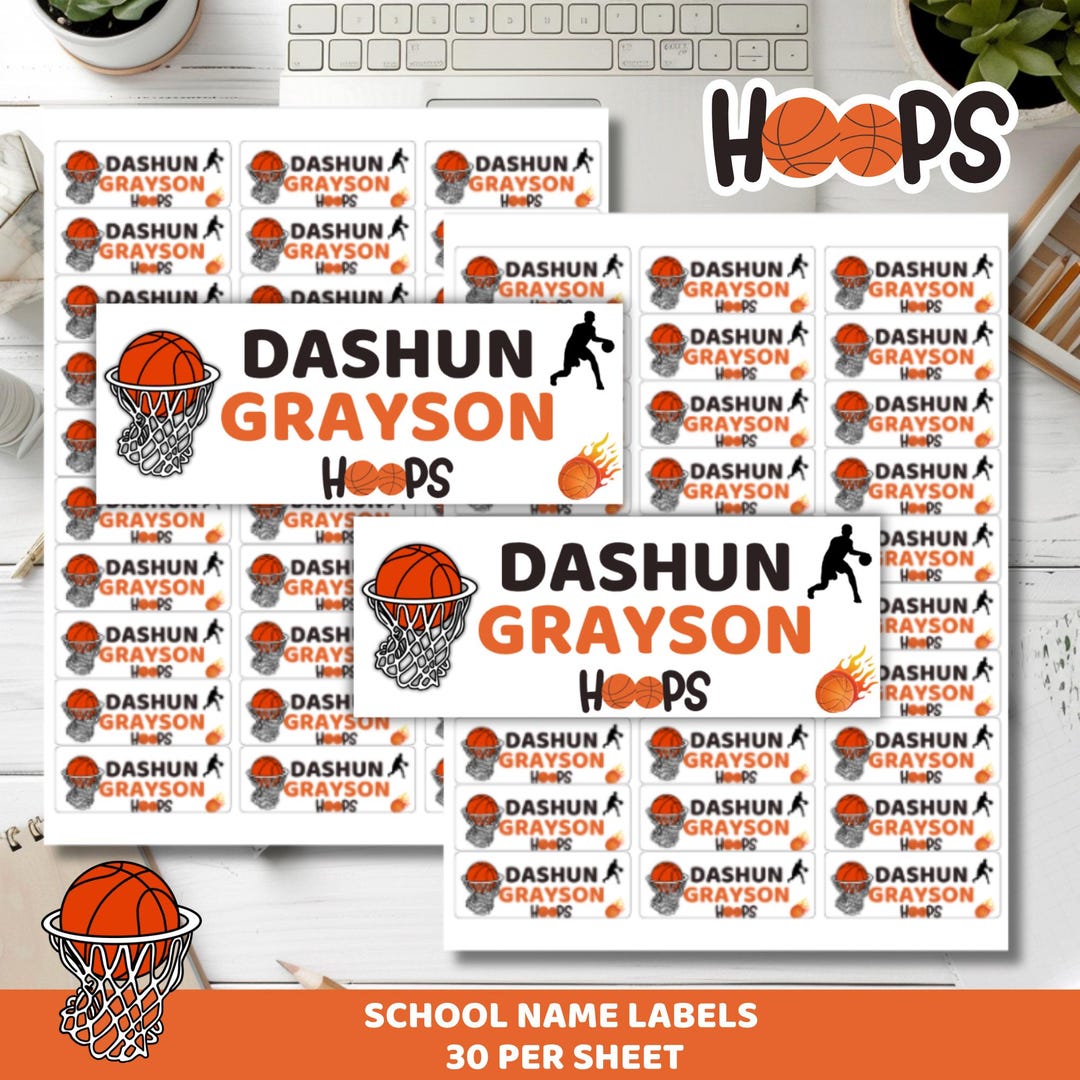 Personalized Basketball Name Labels: Waterproof School Stickers (30 per ...