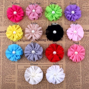 Ruffled Ballerina Chiffon Flower With Pearl For Hair Accessories Artificial Fabric Flowers For Headband Diy Supplies 6.5cm
