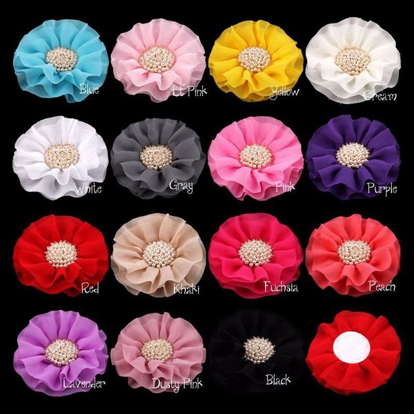 4" 15colors Big Ruffled Chiffon Flowers+Pearl Centre For Baby Girls Hair Clips Accessories Artificial Fabric Flowers For Headbands