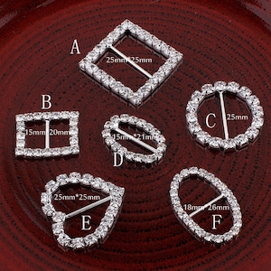 6Deslizadores de fivela de metal brilhante com strass para roupas, fivelas de fita de cristal transparente para convites de casamento e artesanato