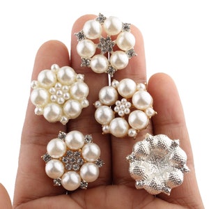 5 Pearl Crystal Rhinestone Buttons for Wedding Hair