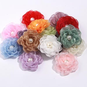 6cm Fabric Flowers Pearl Center Floral Burnt Organza Singed Flower for Headband Hair Accessories