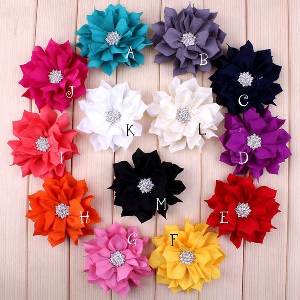 3.6" 13colors Artificial Lotus Leaf Flowers With Rhinestone Button For Hair Clips Accessories Fabric Flowers For Headbands Craft Supply