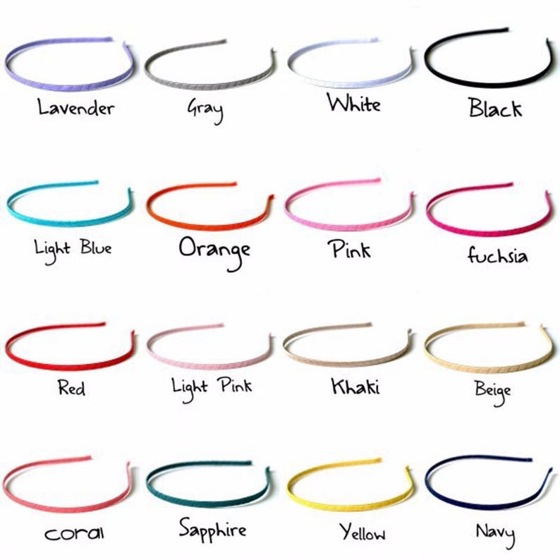 May include: A set of 16 headbands in various colors, including lavender, gray, white, black, light blue, orange, pink, fuchsia, red, light pink, khaki, beige, coral, sapphire, yellow, and navy.