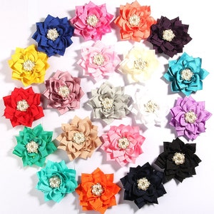 7.5CM 2.95&quot; Cute Handmade Lotus Leaf Flowers With Pearl Rhinestone Embellishment For Headbands Satin DIY Fabric Hair Flower