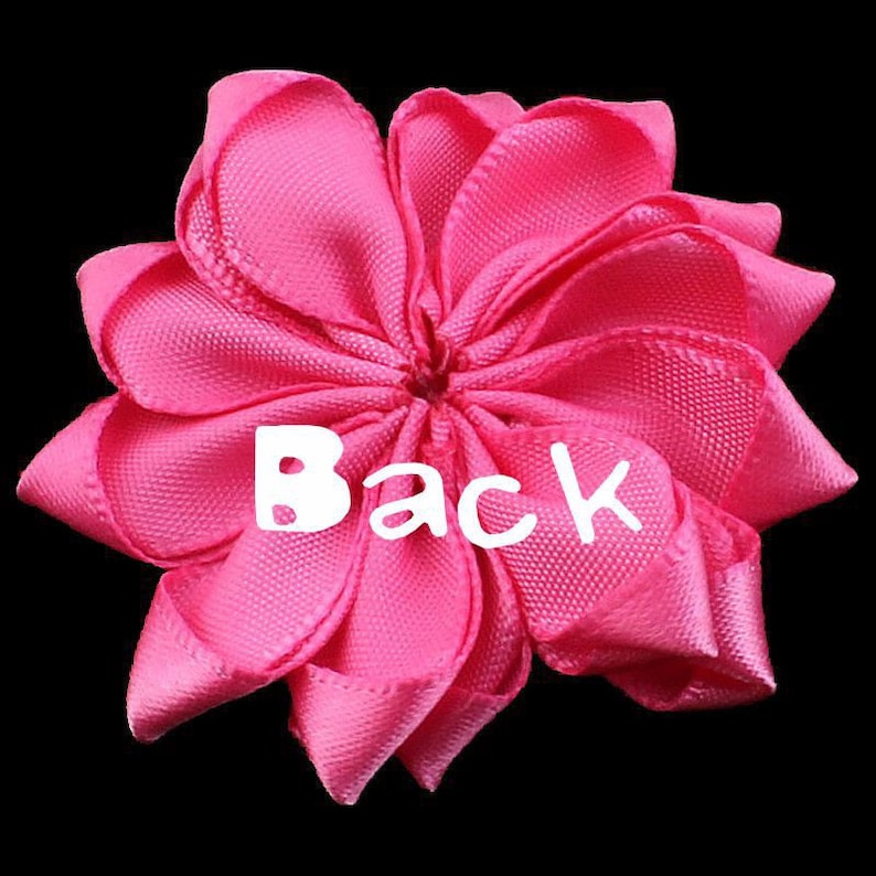 May include: A pink fabric flower with a ruffled design. The back of the flower is visible, with the word "Back" printed in white.