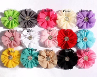 Chiffon Flowers With Rhinestone Bow Button For Girls Hair Accessories Fabric Flowers For Baby Headbands Diy Supplies 6.5cm