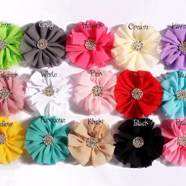 Chiffon Flowers With Rhinestone Bow Button For Girls Hair Accessories Fabric Flowers For Baby Headbands Diy Supplies 6.5cm