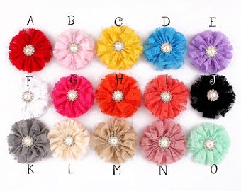 Frayed Mesh Lace Flower+Metal Pearl Button For Girls Hair Accessories Shabby Fabric Flowers For Headbands Flower Supplies 7cm