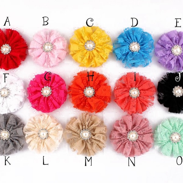 Frayed Mesh Lace Flower+Metal Pearl Button For Girls Hair Accessories Shabby Fabric Flowers For Headbands Flower Supplies 7cm