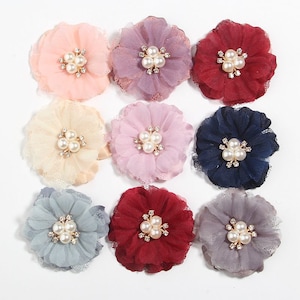 6.5CM Lace trim Fabric Flowers For Headbands Hair Chiffon Flower Rhinestone Cluster For Girls Women Headwear Accessories