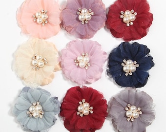 6.5CM Lace trim Fabric Flowers For Headbands Hair Chiffon Flower Rhinestone Cluster For Girls Women Headwear Accessories