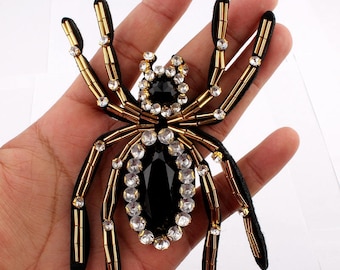 11CM*9CM Handmade Stick Insect Rhinestone Applique Patch For Clothing Decoration Sew on Beaded 3D Spider Patches For Apparel