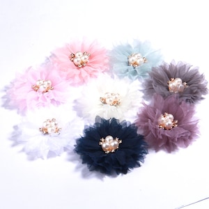 6.5CM Handmade Fabric Flowers With Pearl Center For Baby Gilrs Headbands Chiffon Flower For Hair Clips Accessories Bouquet