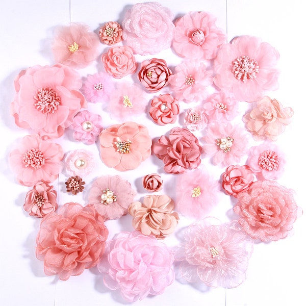 10 Uds. De flores para la cabeza de tela rosa de la serie rosa para niñas, diademas decorativas, flor de gasa quemada para pinzas para el cabello, accesorios