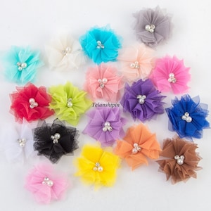 Free Shipping DIY Soft Chic Mesh Hair Flowers With Rhinestones+Pearls Artificial Fabric Flowers For Baby Headbands Supplies Wholesale 6.5cm