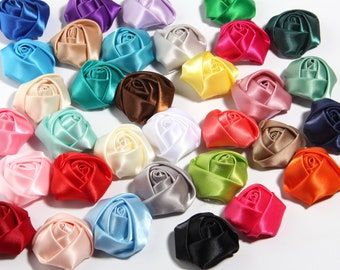 1,5 "16 Farben flache Rückseite Mini Satinband Rose Blume für Haarschmuck handgemachte gerollte Rosetten für Haarspange oder Stirnband DIY