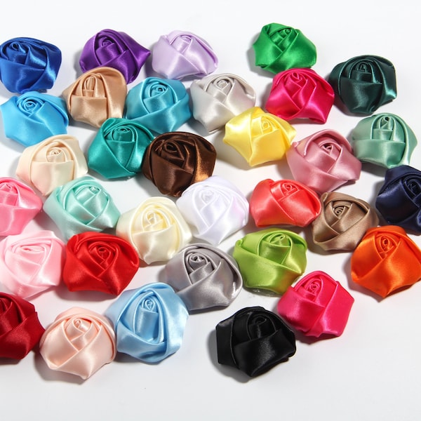 1.5" 16Colors Flat Back Mini Satin Ribbon Rose Flower For Hair Accessories Handmade Rolled Rosettes For Hair Clip Or Headband DIY