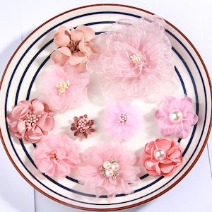 10PCS/Lot Pink Series Mix Styles Set Chiffon Fabric Flowers For Baby Girls Headbands Hair Accessories Decoration