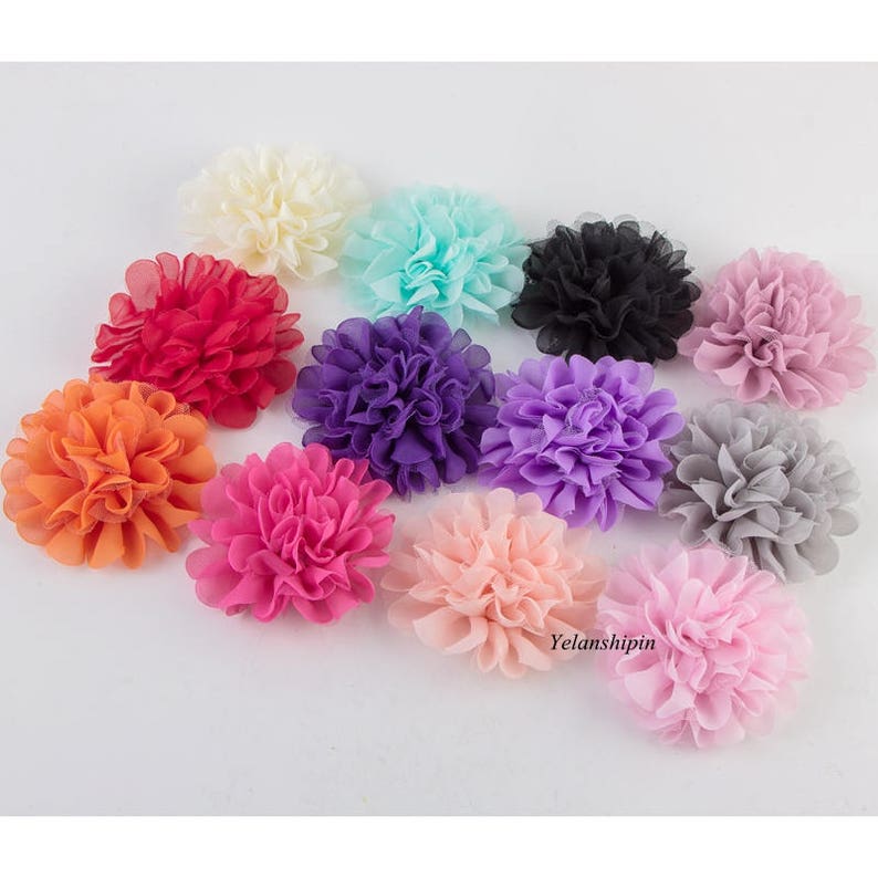 30pcs 3.2/" Lace Fabric Chiffon Flower+Rhinestones Pearls For Headbands