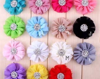 6.5cm 15colors Artificial Chiffon Flowers + Rhinestone Button For Girl Hair Accessories Fabric Flowers For Headbands