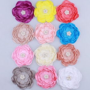 9.2CM New Satin Fabric Burned Flowers With Rhinestone Pearl For Hair Accessories Chiffon Flower For Headbands Clothes