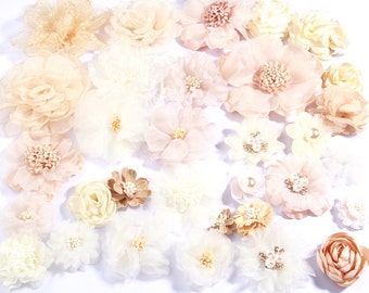 10Pcs Ivory Cream Series Camellia Rose Chiffon Craft Fabric Flowers For Headbands Hair Flower Accesorries Baby Headwear