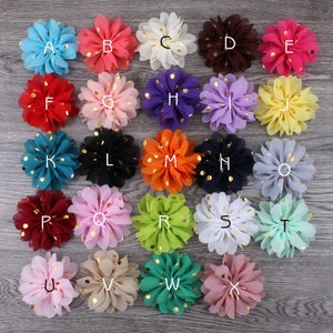 Spedizione gratuita, fiori di chiffon soffici a forma di ballerina, ornamenti in tessuto con pois dorati per accessori per capelli per bambine, fiori, forniture, 7,5 cm