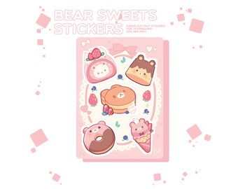 Cute Bear Sweets Sticker Sheet | DIY | Paper Stickers | Dina6 Size | Cute | Kawaii | Pink Aesthetic | Journaling, Letters, Gift