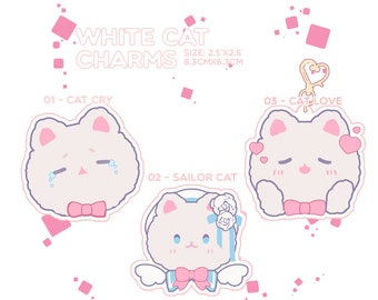 Kawaii Pastel White Cat Acrylic Keyholder Charms | Cute aesthetic