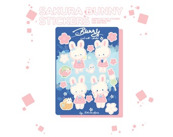 Sakura Hanami Bunny Sticker Sheet | DIY | Paper Stickers | Dina6 Size | Cute | Kawaii | Blue and Pink Aesthetic | Journaling, Letters, Gift