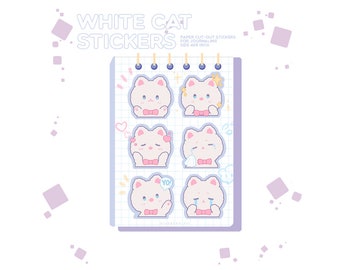 Cute White Cat Sticker Sheet | DIY | Paper Stickers | Dina6 Size | Cute | Kawaii | Blue and Pink Aesthetic | Journaling, Letters, Gift