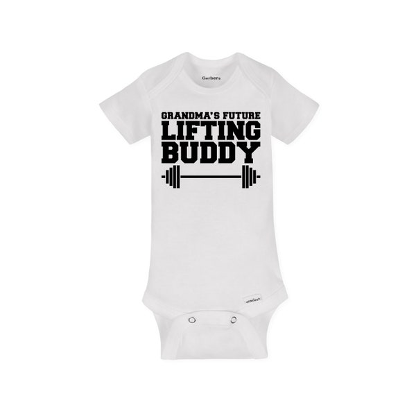 Weight Lifting Grandma Baby Onesie, Grandmother Gym Workout Pregnancy Announcement Present - Sustainable Organic Cotton