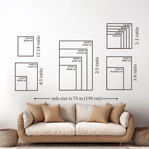May include: Image showing various rectangular art print sizes and ratios, including 8x10 in, 11x14 in, 16x20 in, 12x16 in, and 18x24 in. The text indicates the sofa size is 75 in (190 cm). The image is displayed above a sofa with beige cushions.