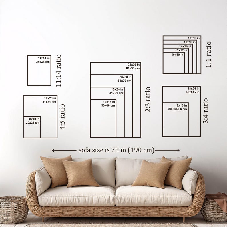 May include: Image showing various rectangular art print sizes and ratios, including 8x10 in, 11x14 in, 16x20 in, 12x16 in, and 18x24 in. The text indicates the sofa size is 75 in (190 cm). The image is displayed above a sofa with beige cushions.