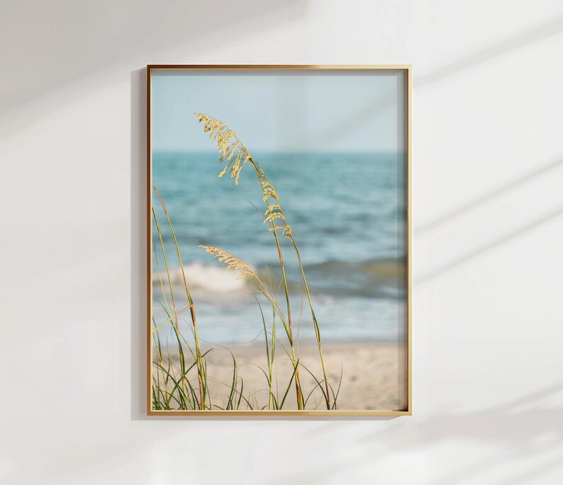 May include: A framed print featuring a coastal scene. Tall, golden sea oats sway in the foreground against a backdrop of a sandy beach and the blue ocean. The print is encased in a gold-colored frame, adding a touch of elegance to the natural landscape.