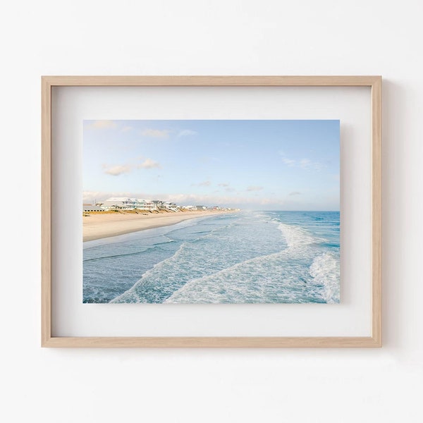 Coastal Wall Art Living Room Prints | Blue Ocean Print | Pastel Beach Print | Surf City Poster | North Carolina Art